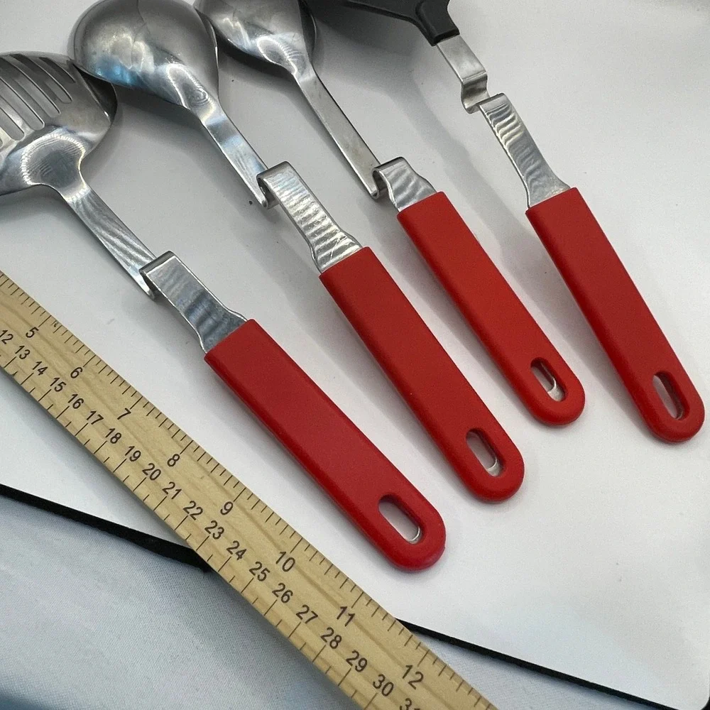 4 Pc Kitchen Utensil Set Red Retro Pot Rest Stainless Steel 4pc